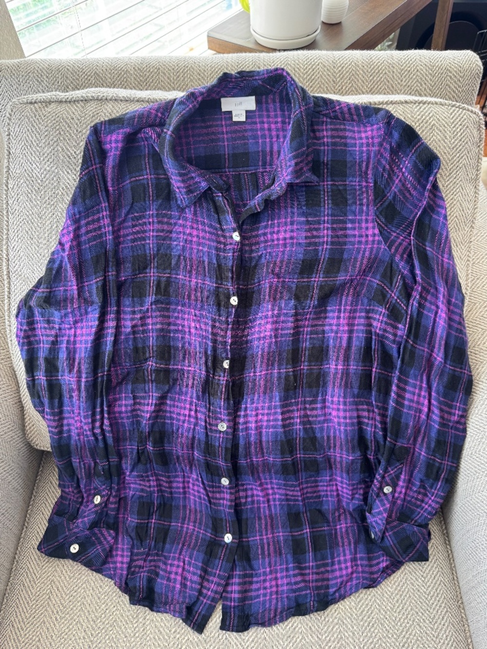 J Jill Everyday Linen Button Down Up Shirt Purple Long Sleeve Top Plaid Purple